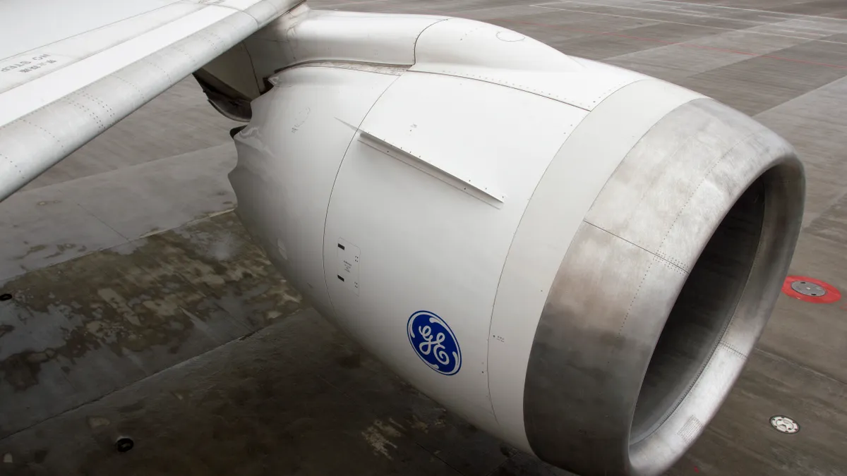 The GE turbine engine on a Boeing 787 dreamliner passenger aircraft at Shanghai Pudong International Airport.