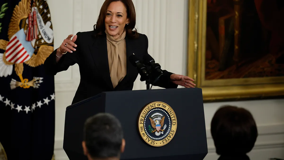 U.S. Vice President Kamala Harris marks the 30th anniversary of the Family and Medical Leave Act during an event in the East Room of the White House on February 02, 2023.